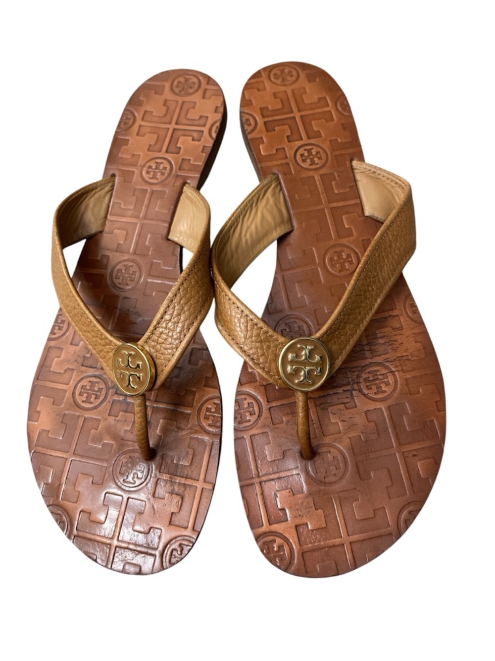 Classic Tory Burch Thora Camel Leather Logo Thong Flip Flop Designer Sandals